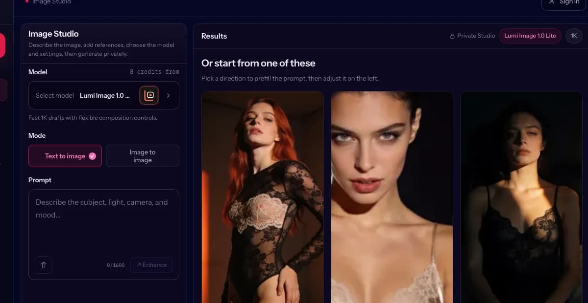 Lumi Arts Image Studio showing text-to-image mode at 1K with an 8-credit estimate before submit