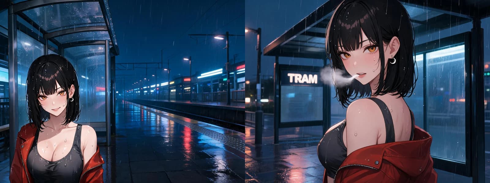 Side-by-side anime stills showing a wide failed tram-stop frame and a tighter waist-up revision