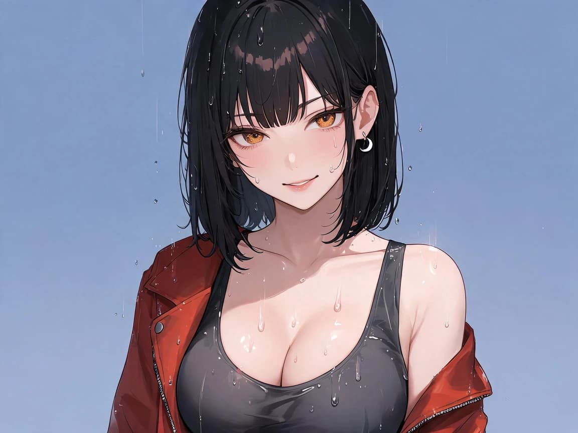 Front-facing anime character brief of the same adult woman with a black bob, amber eyes, and crescent earring