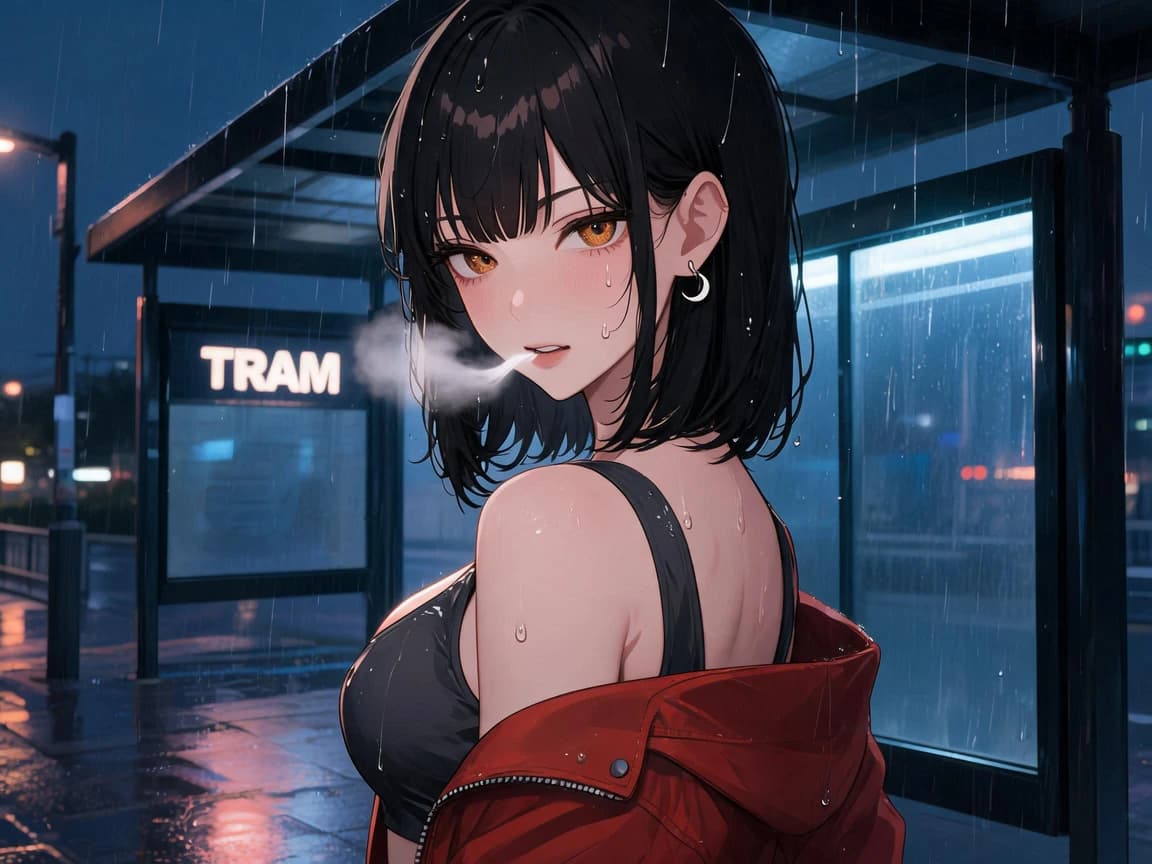 Editorial anime illustration of an adult woman with a black bob at a rainy tram stop
