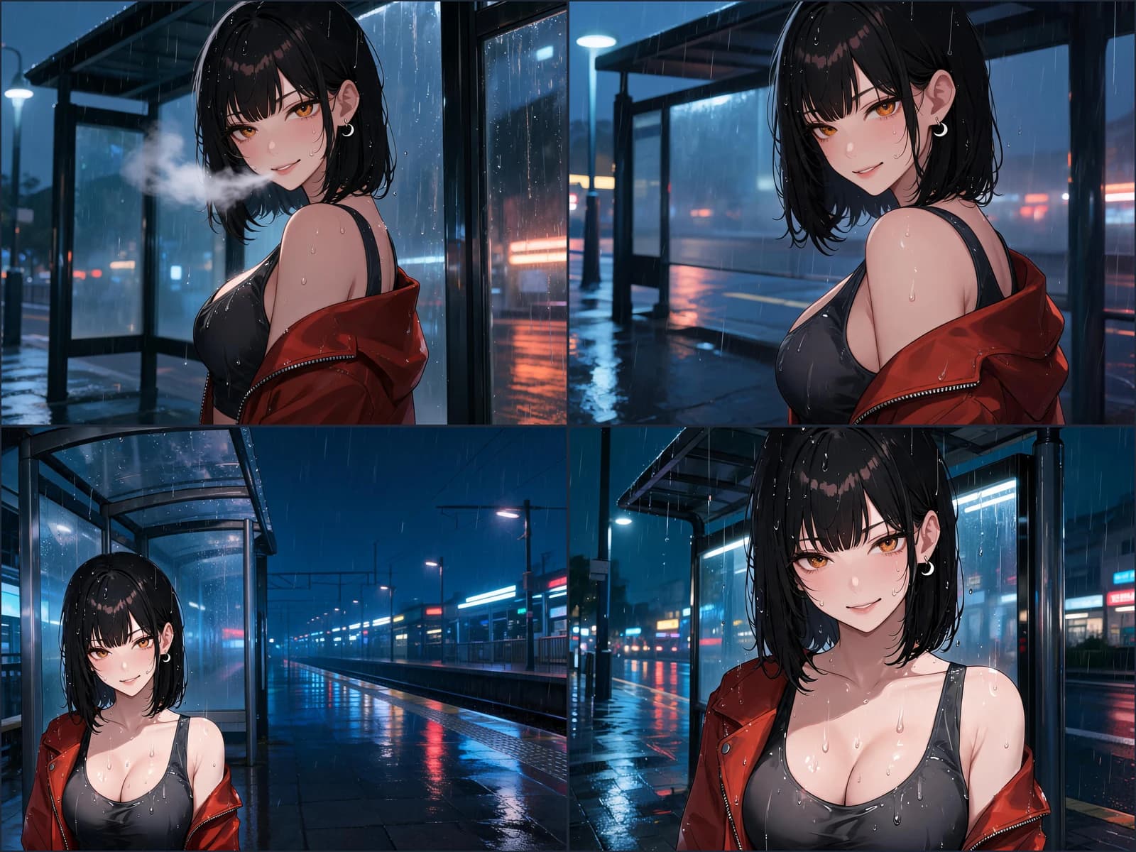 Contact sheet of four anime candidates from the same tram-stop brief, including failed compositions